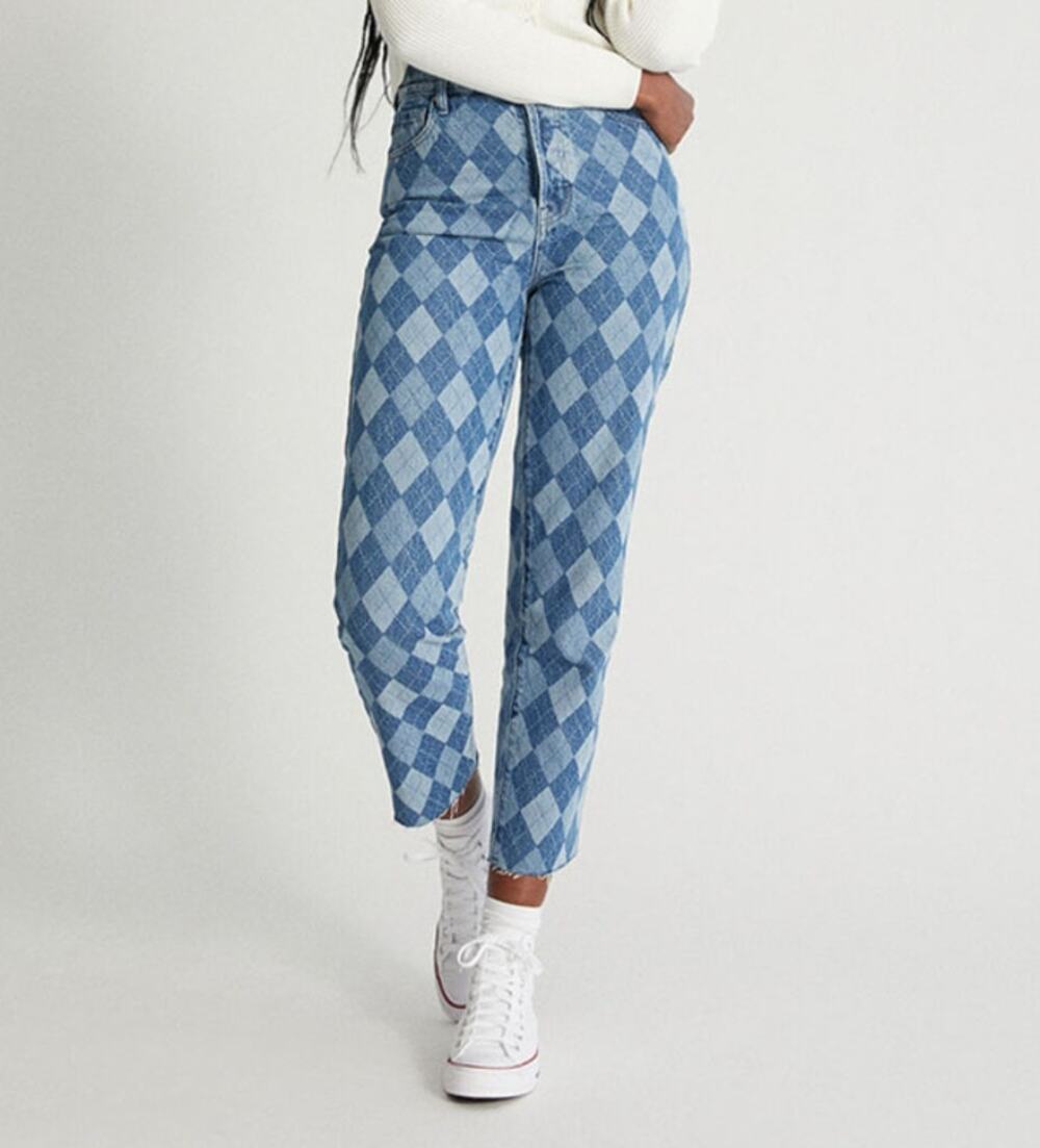 PacSun Eco Diamond Print High Waisted Straight Leg Jeans Raw Hem Blue Womens 29